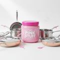 The Pink Stuff Miracle Cleaning Paste jar with sparkling clean pots and pans
