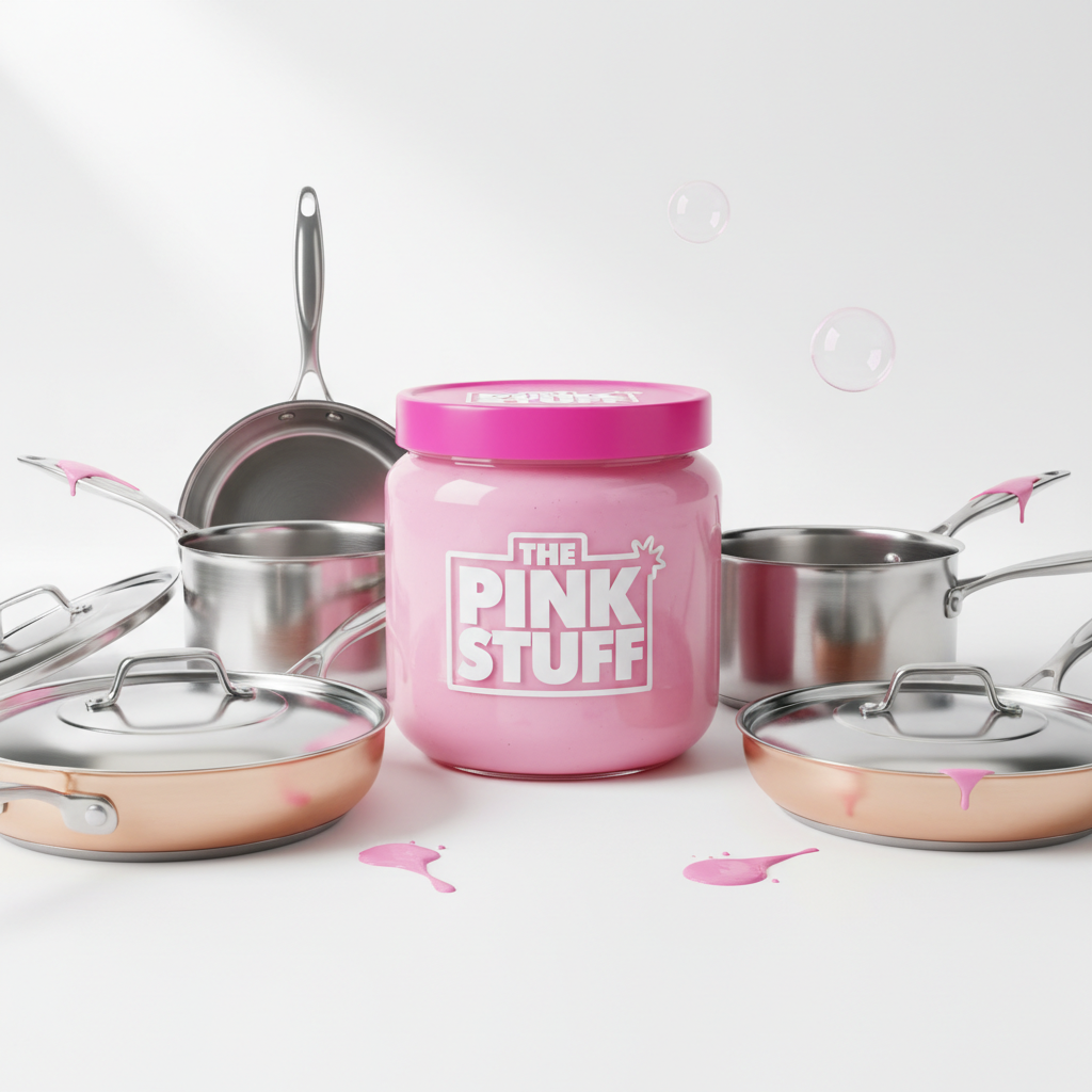The Pink Stuff Miracle Cleaning Paste jar with sparkling clean pots and pans