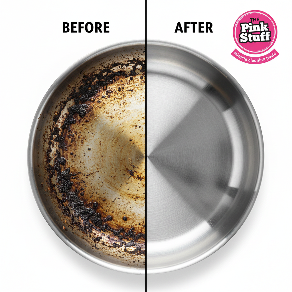 Before and after - grimy pan transformed to sparkling clean with The Pink Stuff