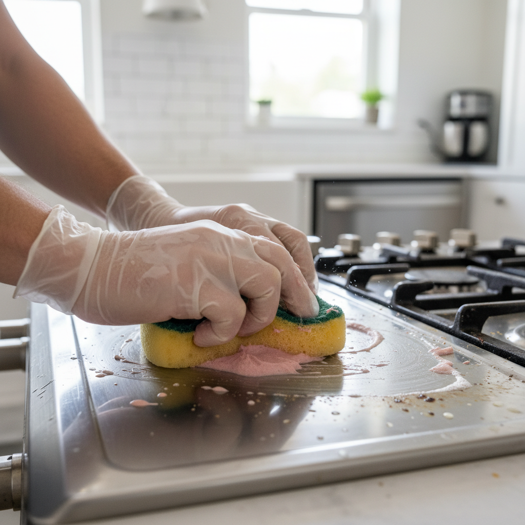 In-use shot of The Pink Stuff cleaning paste being scrubbed on a stove top