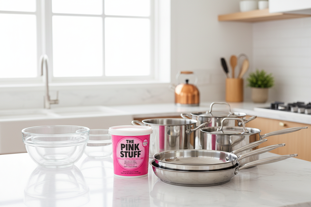 Lifestyle kitchen shot featuring The Pink Stuff cleaning paste jar on a marble countertop